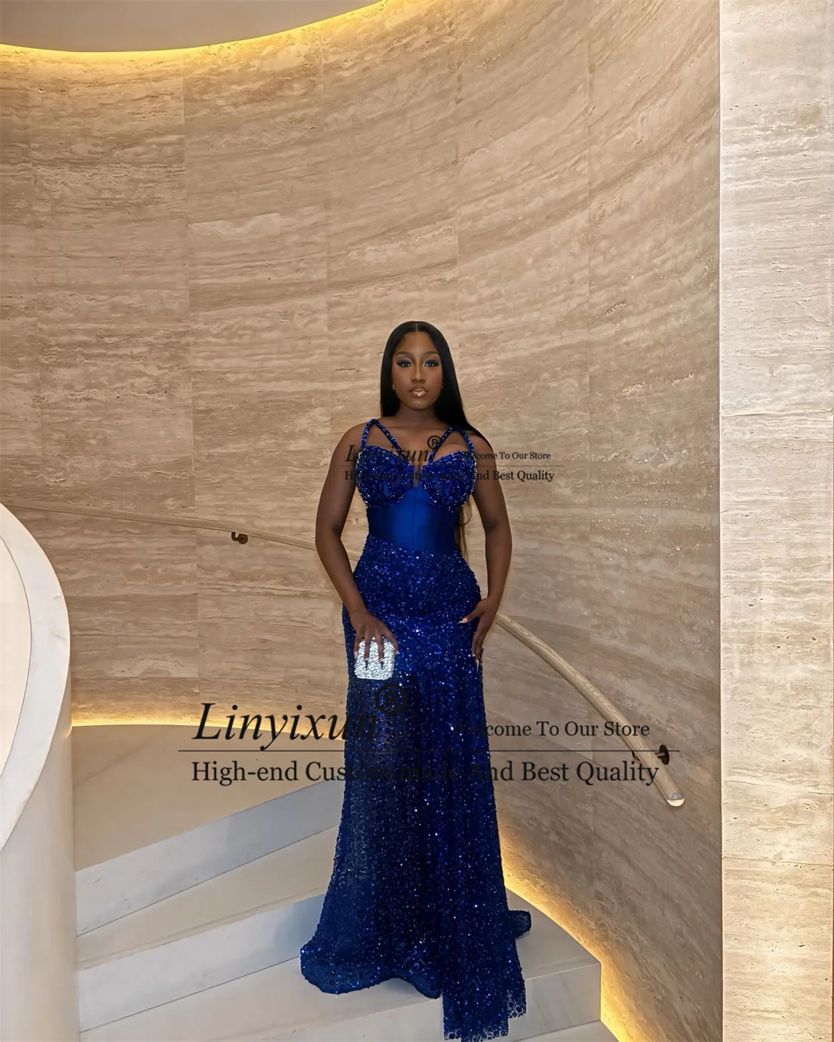 반짝이는 스팽글 인어공주 스타일 프롬 드레스, 비즈 장식 맞춤 제작, 흑인 여성용 코트 트레인 웨딩 파티 가운, 아소 에비 두바이 이브닝 갈라 가운