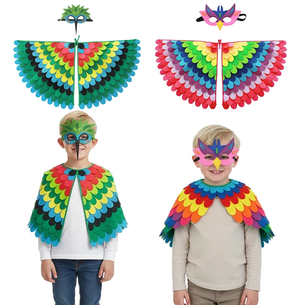 Animal Peacock Cape Phoenix Bird Cape Winged Mask 2Pcs Set Boys and Girls Christmas and Halloween Gifts Carnival Costume Cape