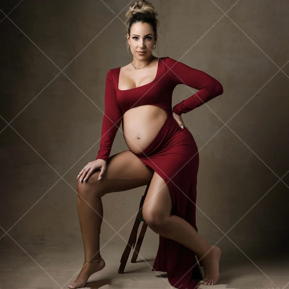 Pregnant Woman Photography Props Dress Sexy Hollow Out Side Slit Revealing Rregnant Belly Dress Maternity Photo Shoot Dress