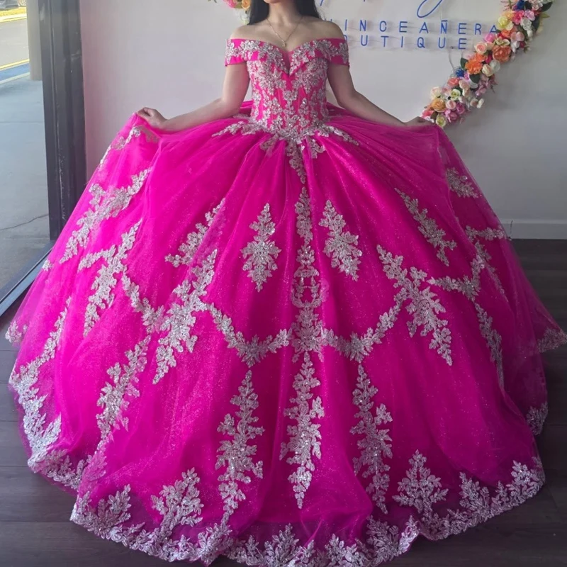 Rose Red Shiny Quinceanera Dresses Ball Gown Off Shoulder Appliques Lace Beading Crystal Tull Sweet 16. Dress Vestidos 15 Anos