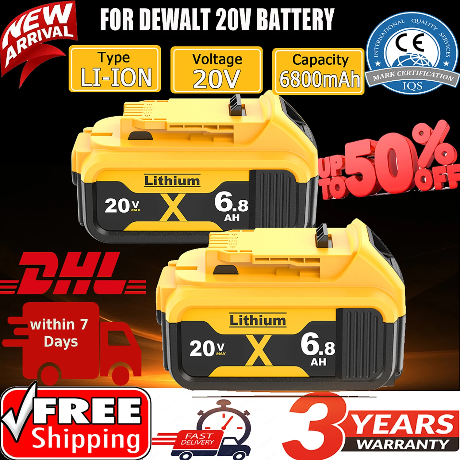 

DCB200 6800mAh For Dewalt 20V Portable 18650 Lithium Battery Compatible DCB547-XJ DCB201 DCB187,DCB205 Cordless Tool Battery