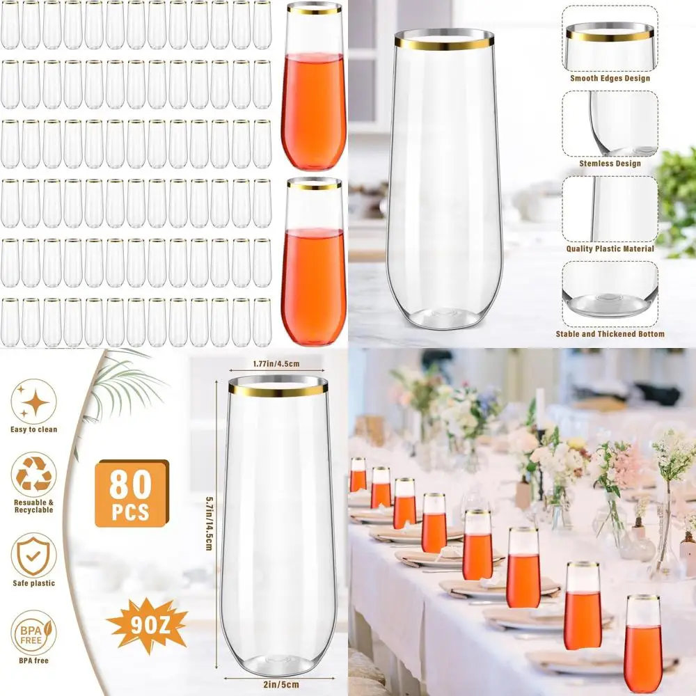 

80-Piece Set of 9 oz Gold Rimmed Plastic Champagne Flutes for Parties, Weddings, and Celebrations