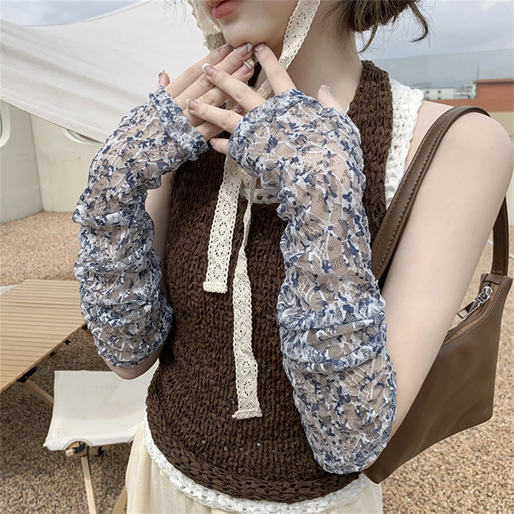 Lace Floral Sleeves Women Thin Sunscreen Ice Sleeves Detachable Pleated Sleeves UV Protection Arm Guards Beach Wear Accessories