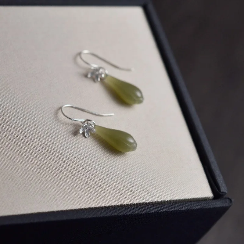 Natural Genuine 925 Sterling Silver Peach Blossom Inlaid Magnolia Hetian Jade Dangle Earrings New Chinese Elegant Classic Gift