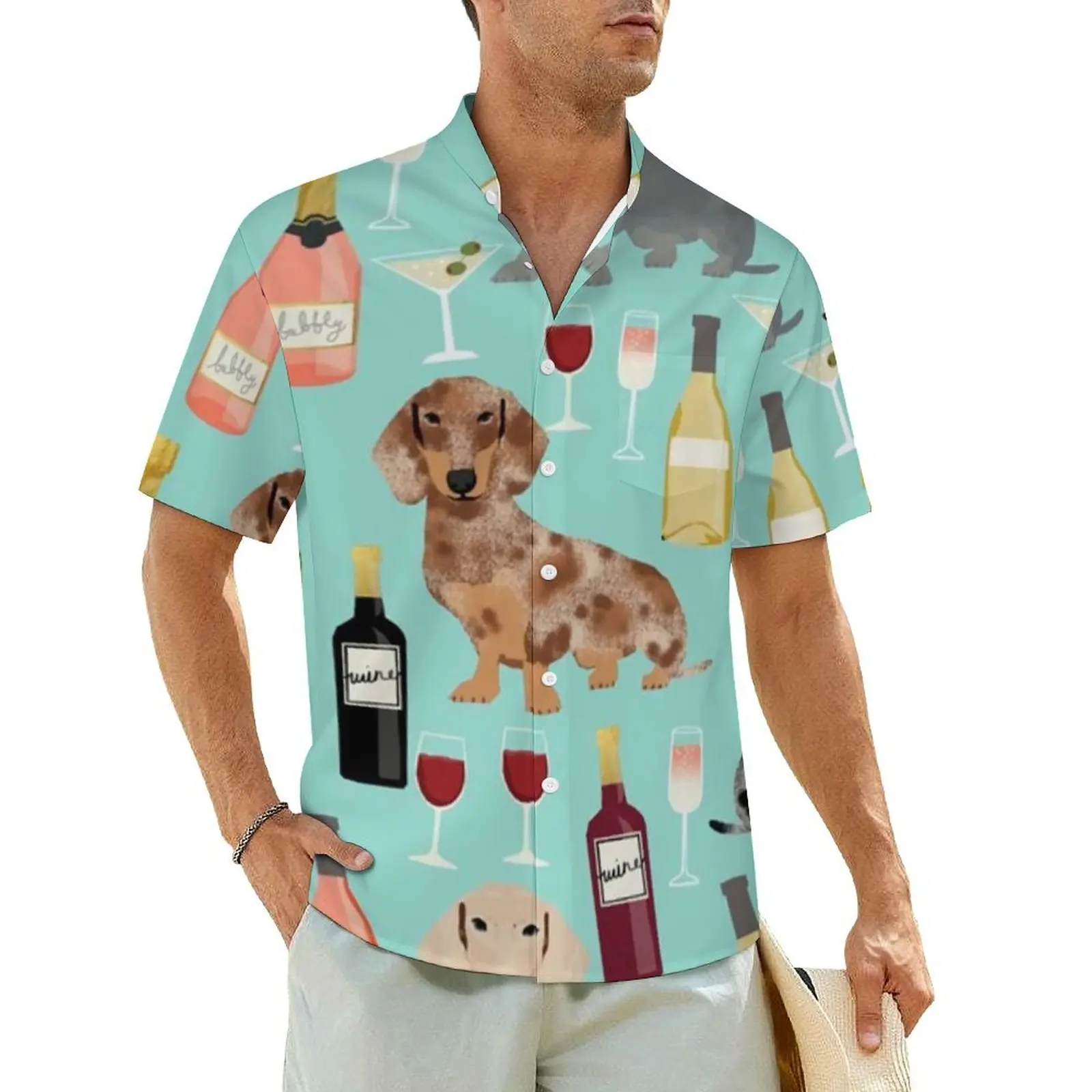 

Dachshund Wine Vacation Shirt Mens Champagne Cocktails Elegant Casual Shirts Hawaiian Streetwear Custom Oversize Blouses Gift