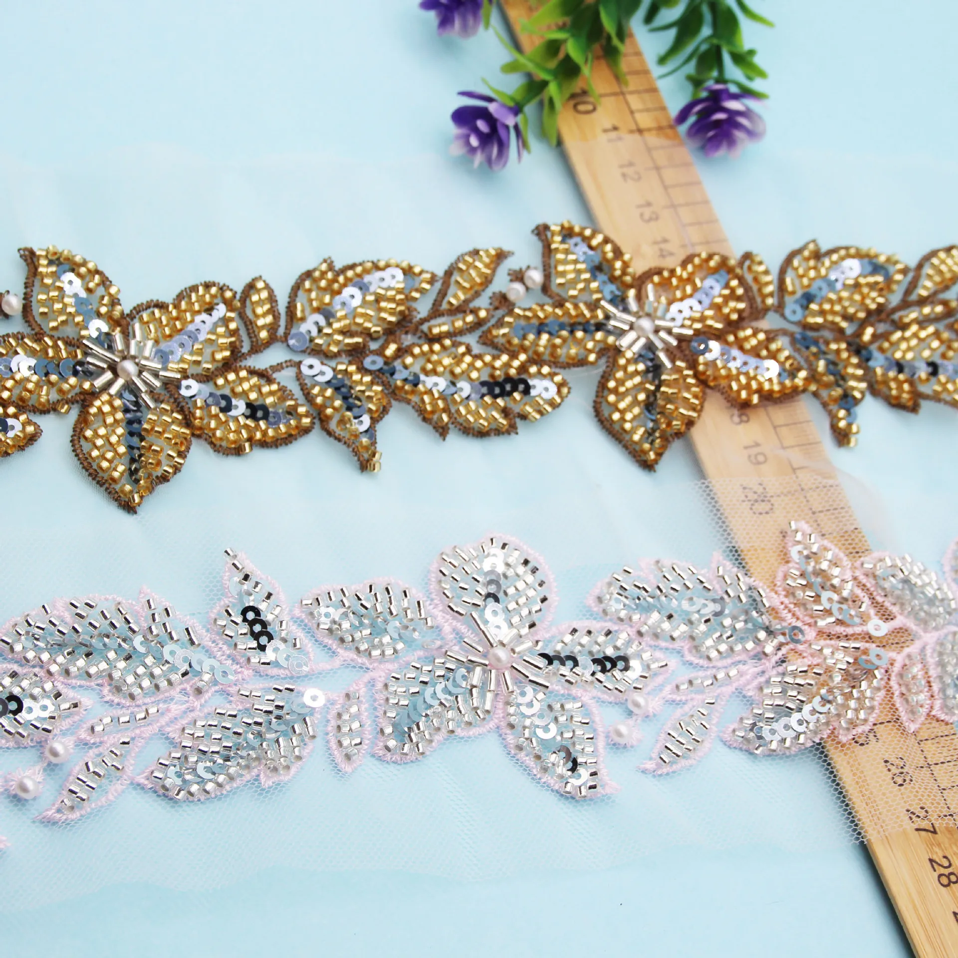 1/2 Yard Bead Lace Trim for DIY Pearl Gold And Pink Sequin Lace Ribbon for Shoes and Hats Decoration Apparel Accessories