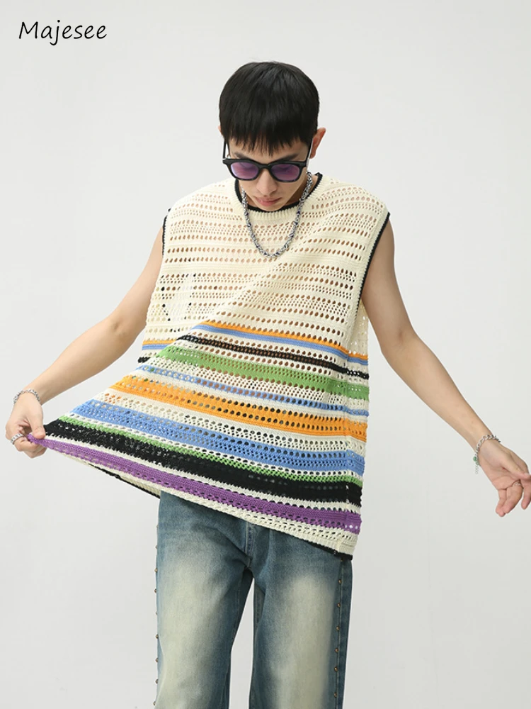 

Colorful Vests Men Baggy American Retro Sleeveless All-match Cool Contrast Color Daily Simple Chic Popular Teenagers Aesthetic