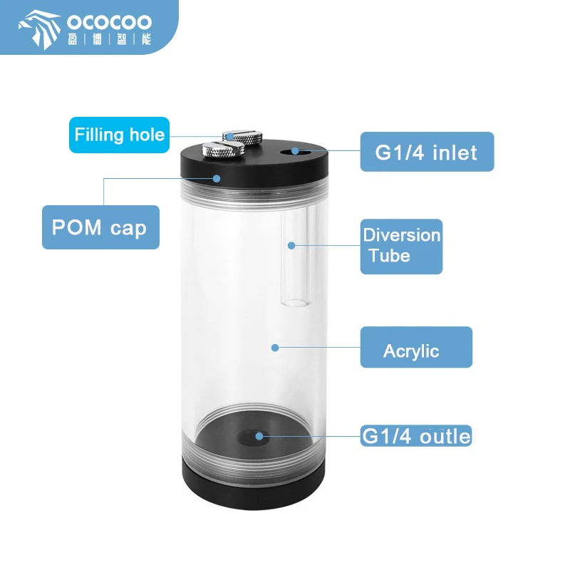 PC Water Cooling Water Tank Acrylic Water Reservior Cylindrical OD 60mm for DIY Liquid Cooling G1/4 Thread with Black Cap