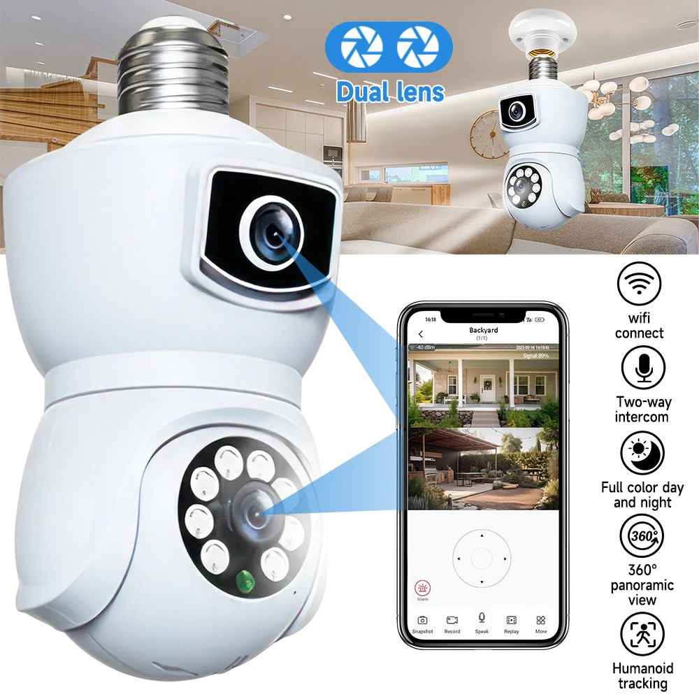 360° WiFi Bulb Camera Auto Tracking Dual Lens Screen E27 Wireless Camera Led Light Baby Monitor Pet Security Camera