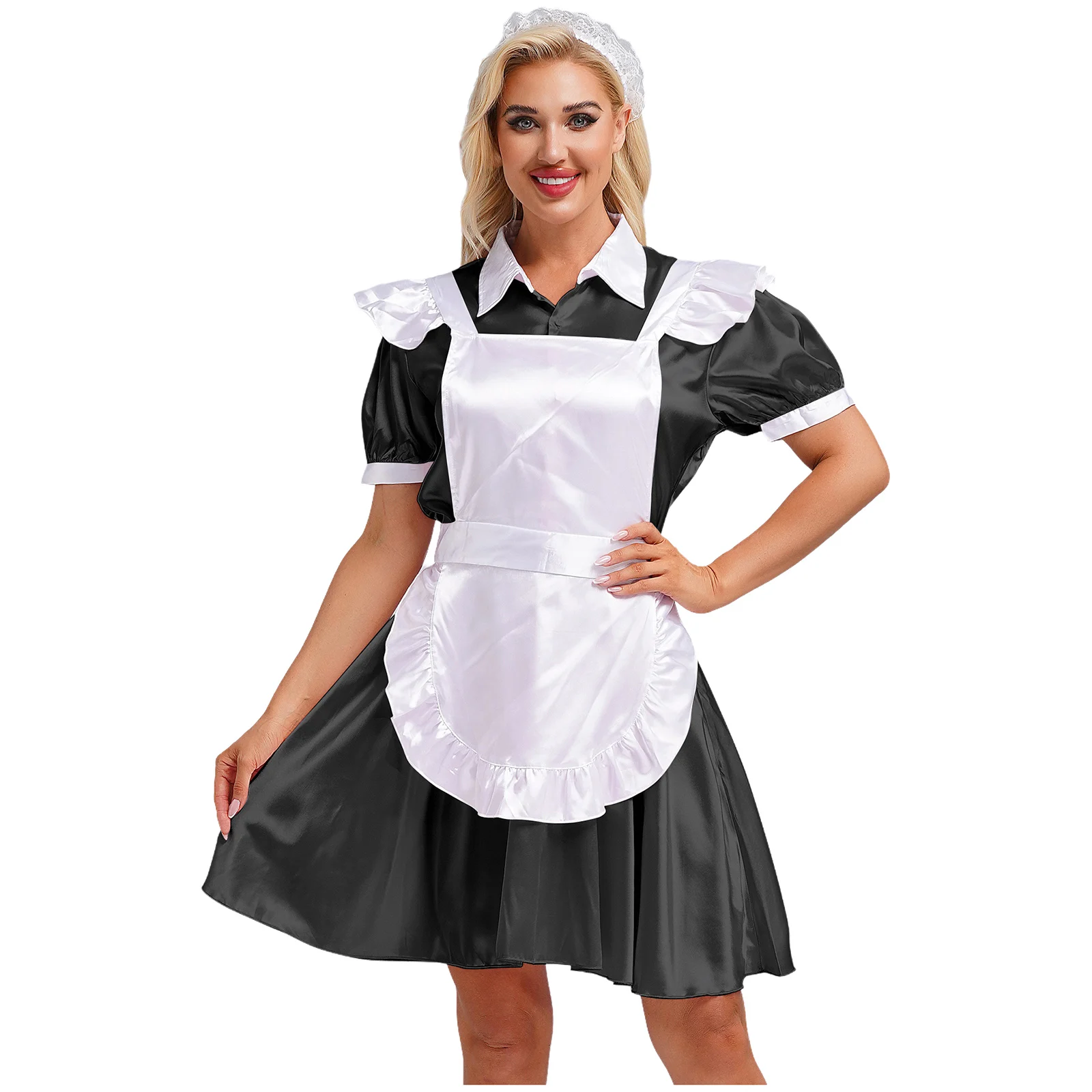 

Women Maid Cosplay Costume French Maid Servant Uniform Puff Sleeve Satin Dress with Apron Headband Night Club Theme Party Wear