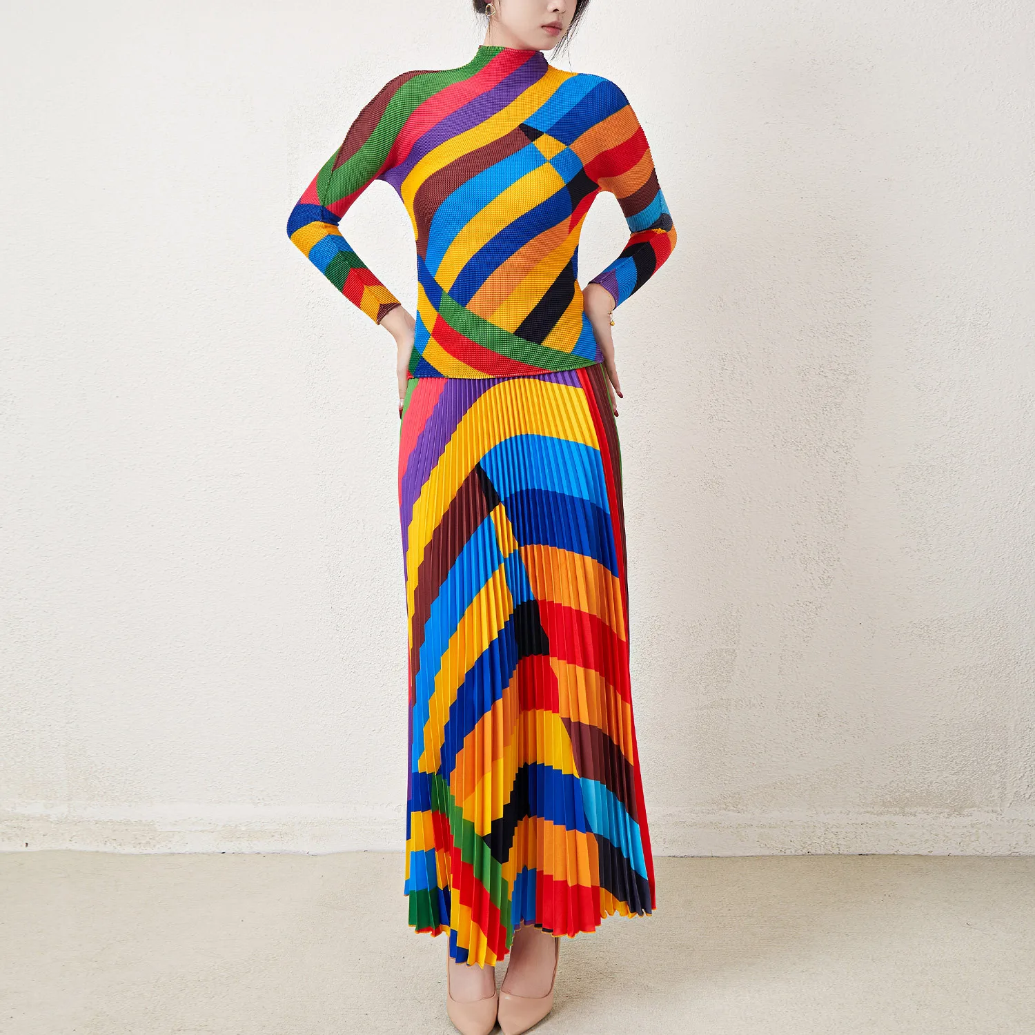 Miyake Fashion Set Women Pleated Printing Semi-turtleneck Corn Kernels Long-sleeved Top High Waist Versatile Skirt Two-piece Set