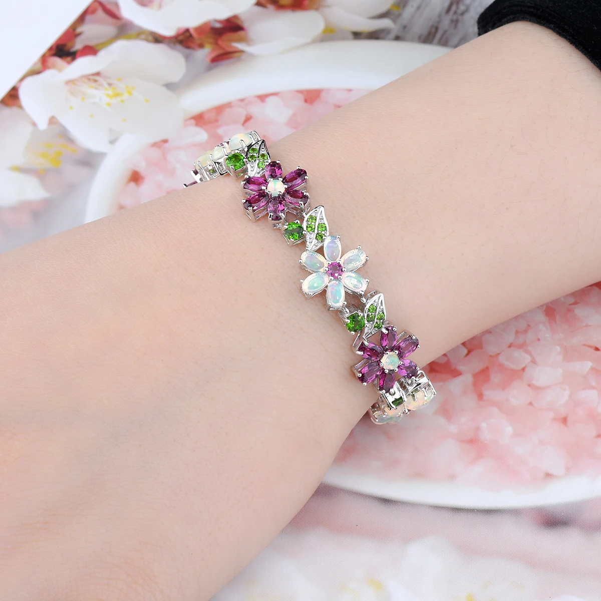 

Natural Rhodolite Garnet Opal Diopside Solid Sterling Silver Bracelet 18 Carats Genuine Multicolor Exquisite Gorgerous Jewelry