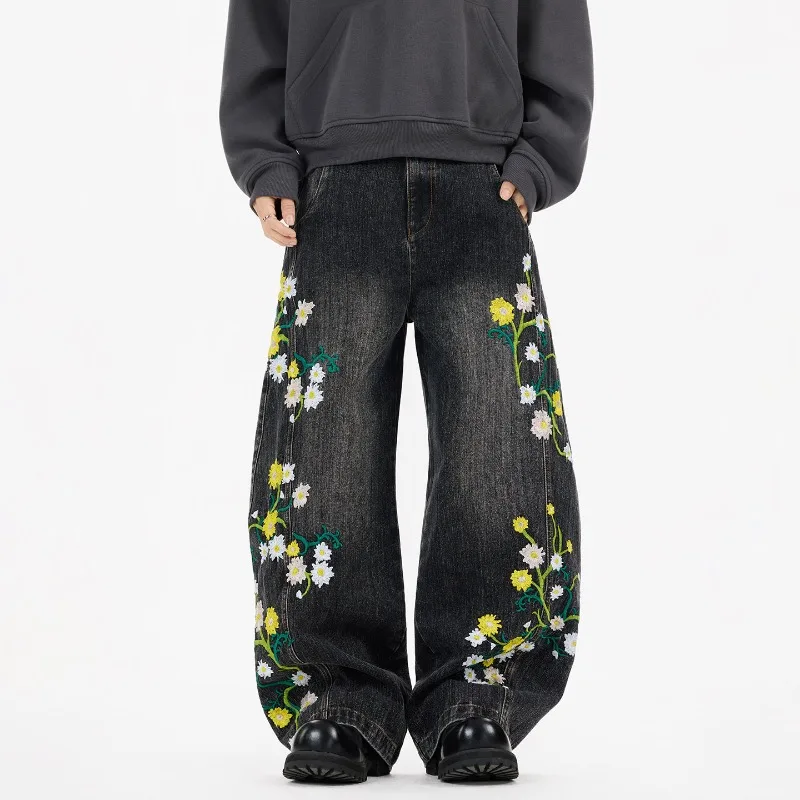 

Plant Floral Embroidery Men's Scimitar Jeans Loose Wide Leg Trousers Design New Versatile Vintage Denim Long Pants