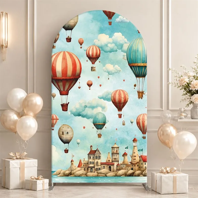Single Side Arch Backdrop Cover Whimsical Hot Air Balloon Fantasy Background Cloth for Elegant Party Decorations Featuring