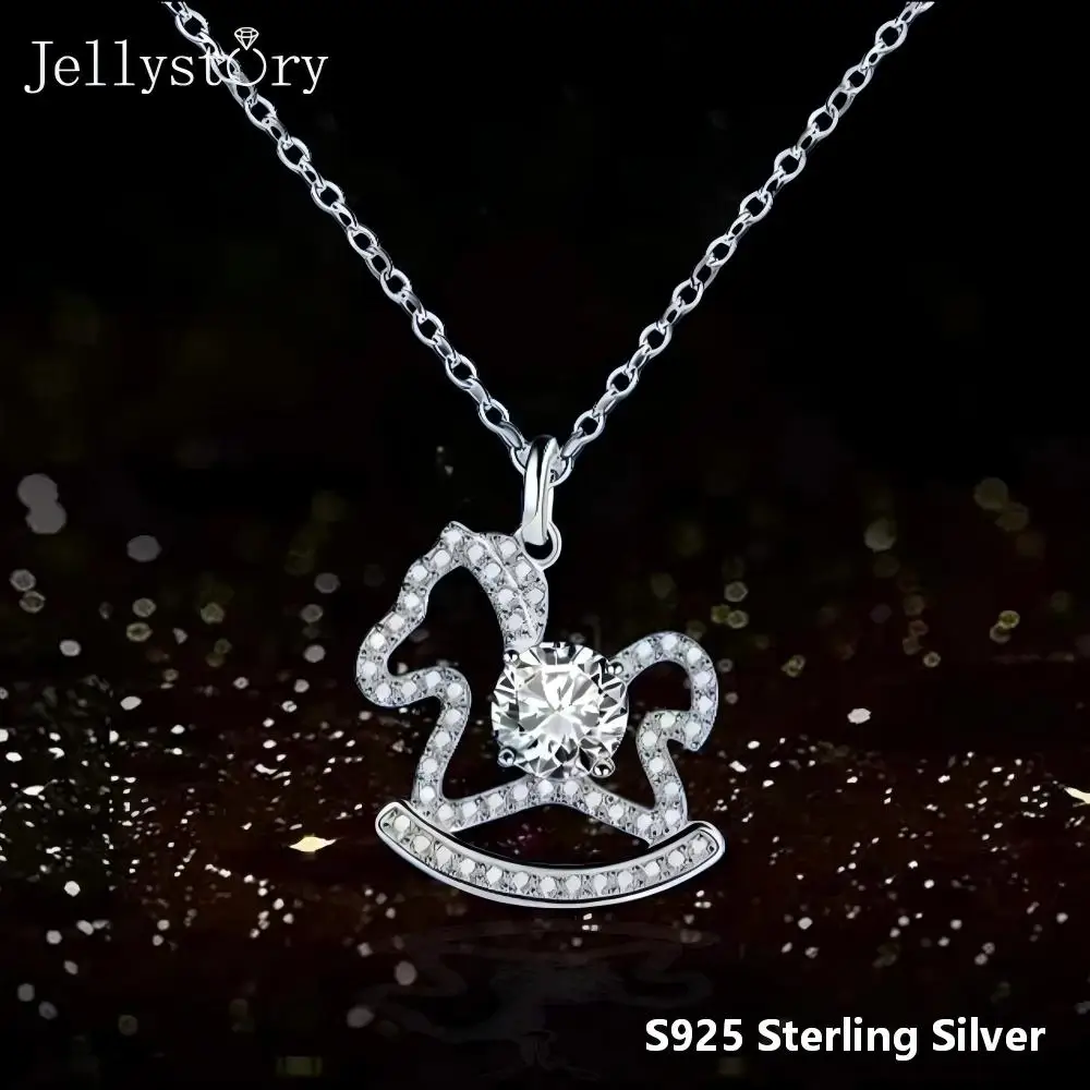 JellyStory New Colorful Cute Horse Necklace S925 Silver Moissanite Lucky Gift Kawaii Light Luxury Niche Collarbone Chain Jewelry