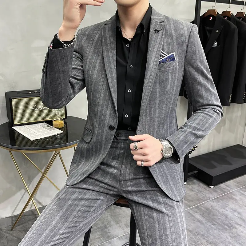 

Slim Fit Men's Suit Set Casual Wedding Business Office High Quality British Style Striped Jacket Pants Ensemble Youth Fashion