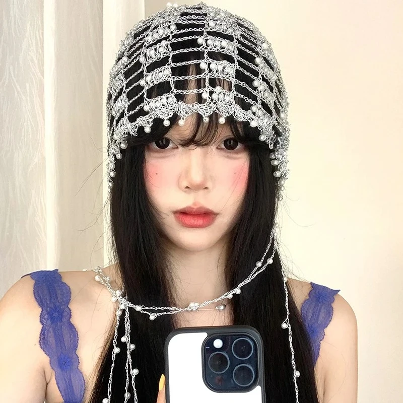 Handgemachte Kette Perlen Design Hohl Pullover Hüte für Frauen Sommer Herbst Persönlichkeit Vielseitige Retro Punk Nische Beanies