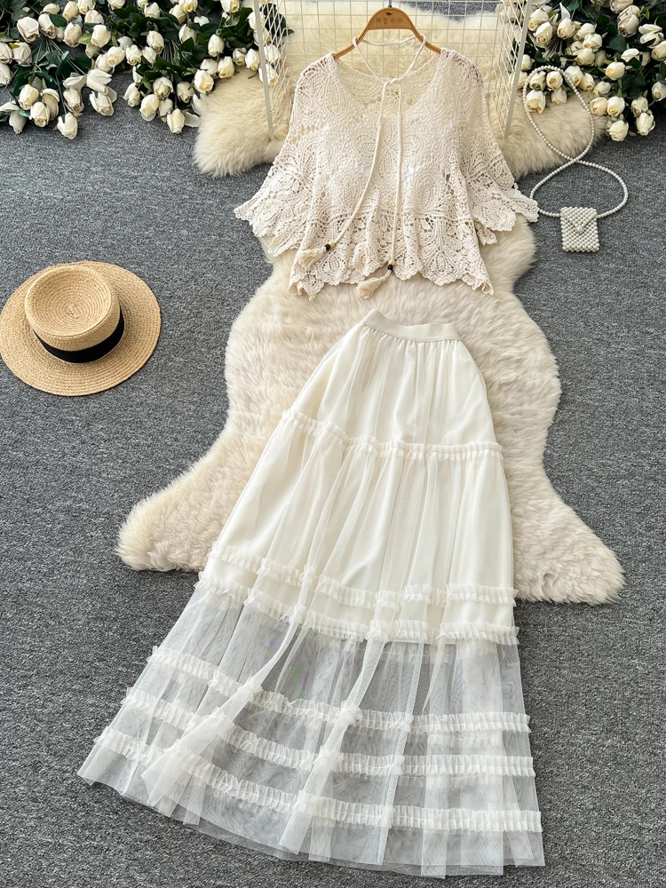 

Sweet Lace Splicing Mesh Cake Skirt Women's Summer High Waist Slimming Two-Piece Set Fairy Tale Outfit Fashionable Ensemble