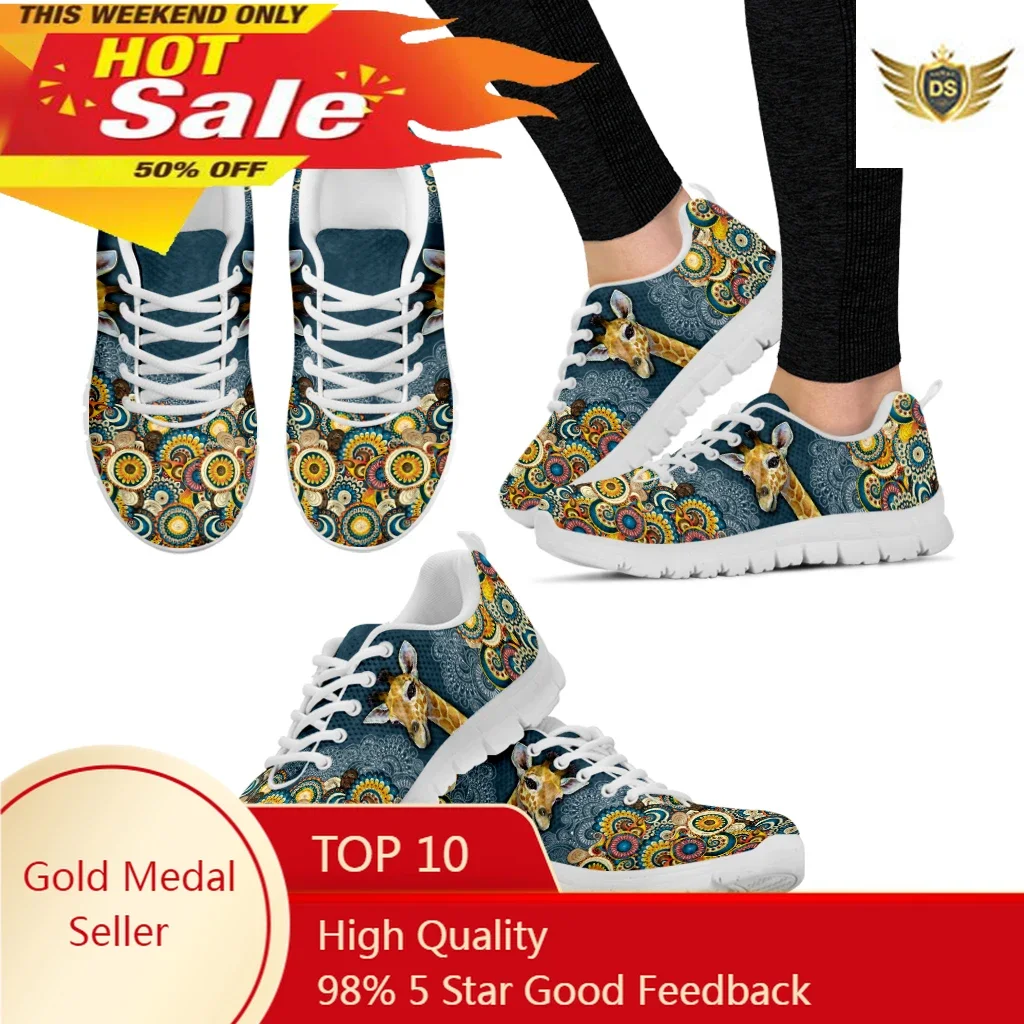 

Bohemian Style Lace-up Shoes Cartoon Giraffe Print White Platform Sneakers Comfortable And Breathable Summer Shoes