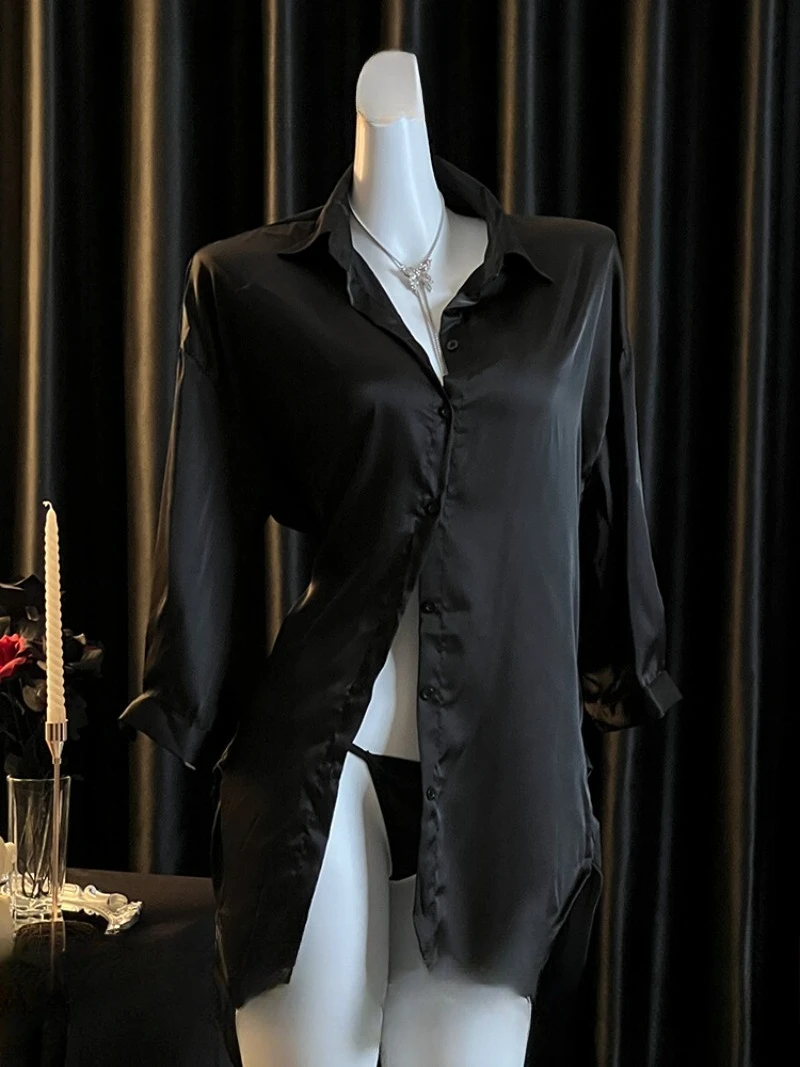 

Silk Loose Pajama Set for Women,Sexy Boyfriend Style Shirt,Hot Pure Desire Nightwear,Soft Satin Sleepwear Dress for Home Comfort