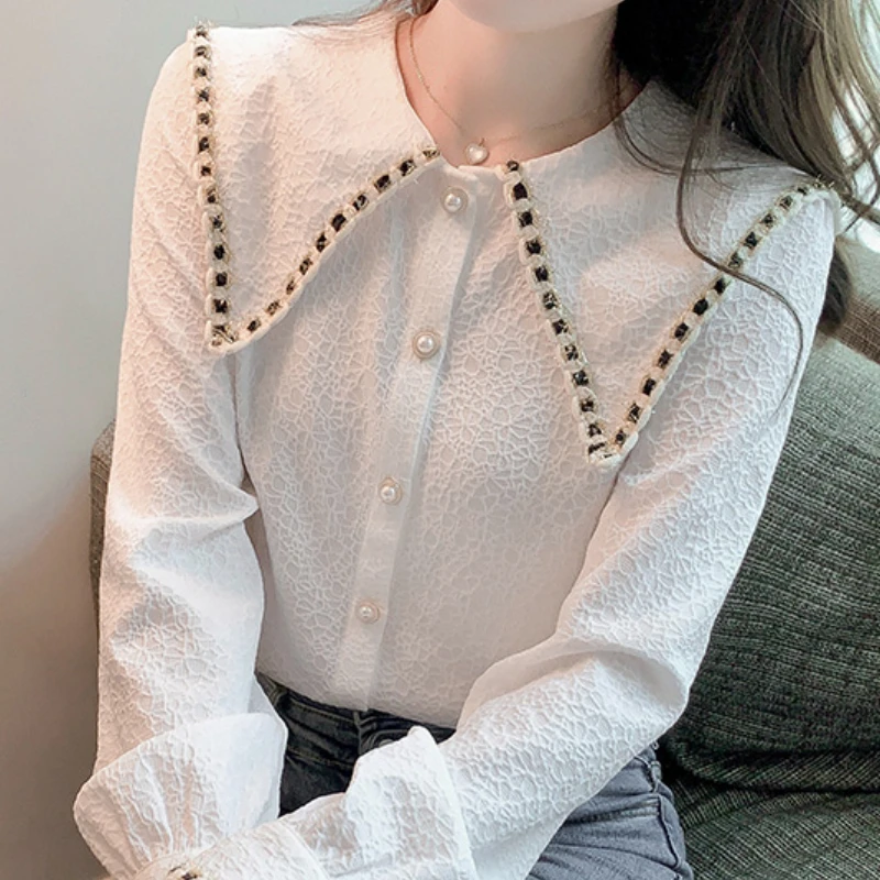 Fashion Elegant Chiffon Blouses for Women Clothing White Button Long Sleeve Shirts Solid Spliced Office Ladies Tops Dropshipping