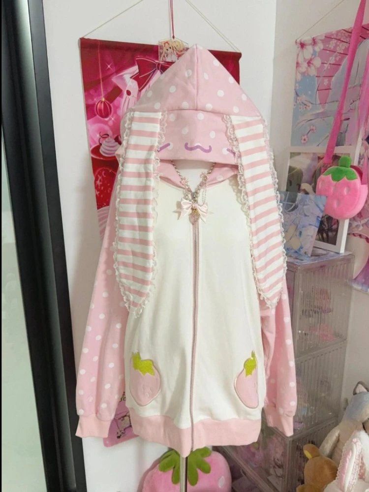 اليابانية Kawaii آذان أرنب هوديس فضفاض البولكا نقطة المرقعة المرأة الجرونج هودي Y2k الجمالية الجنية الفراولة البلوز #6