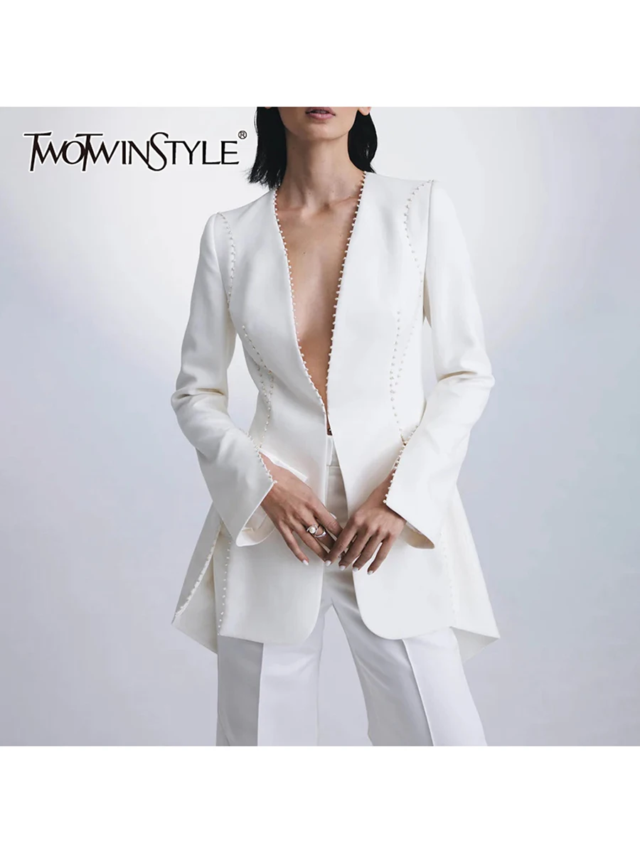 TWOTWINSTYLE الصلبة التخسيس مزاجه الحلل للنساء الخامس الرقبة طويلة الأكمام الشعور بالتصميم السترة الإناث ملابس عصرية جديد