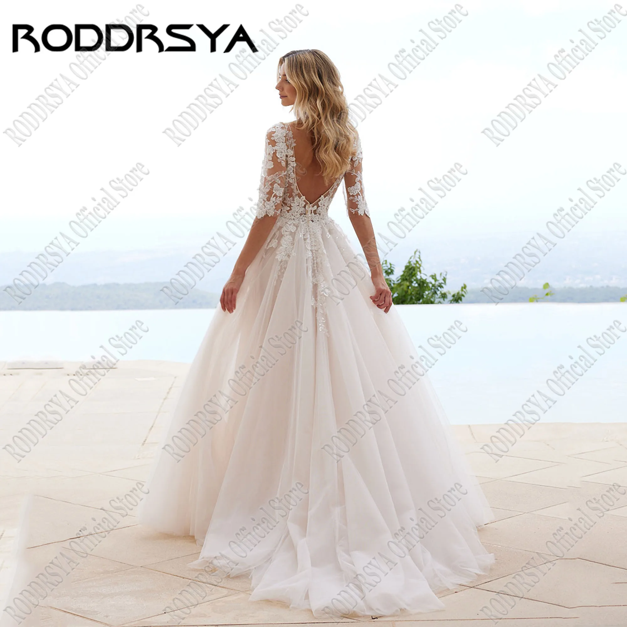 RODDRSYA Civil Half Sleeves Wedding Dress 2024 Bride V-Neck Backless Applique Vestidos De Novia Tulle A-Line Beading Sweep Train