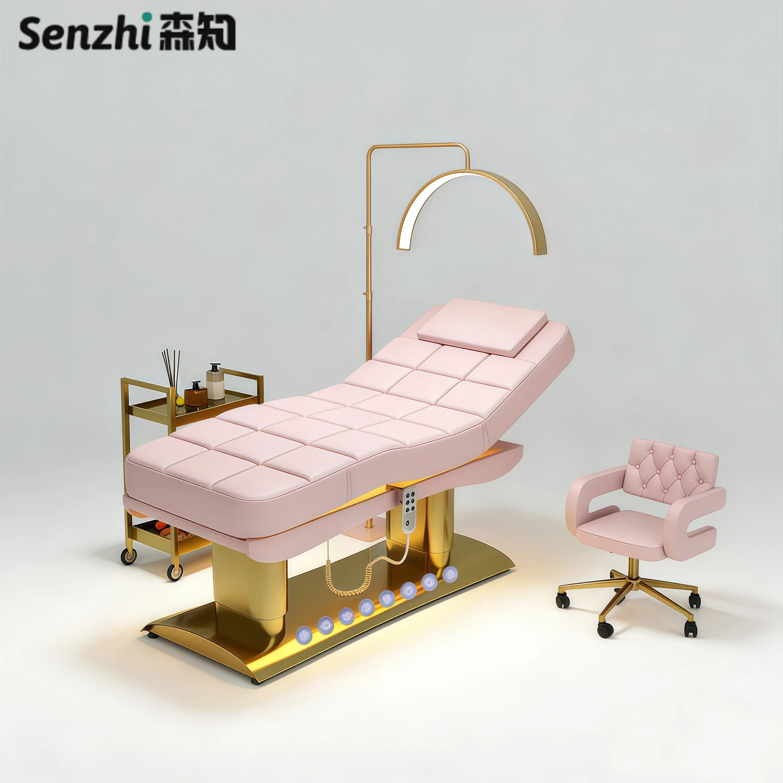 New Pink Leather Stainless Steel Gold Base Beauty Bed Heating Tilting 4 Motors Massage Bed Electric Facial Eyelash Lash Bed
