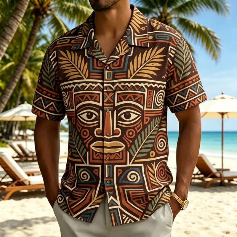 Men's tribal abstract art printed Hawaiian shirt, suitable for summer activities, outdoor travel, casual styling, and daily wear
