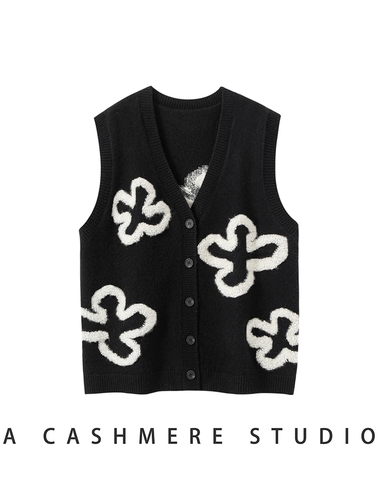 MEETCC Mulheres 100% Cashmere Floral Bordado Sem Mangas Pulôver V Pescoço Outono Inverno Camisola de Cachemira Colete Colete Macio