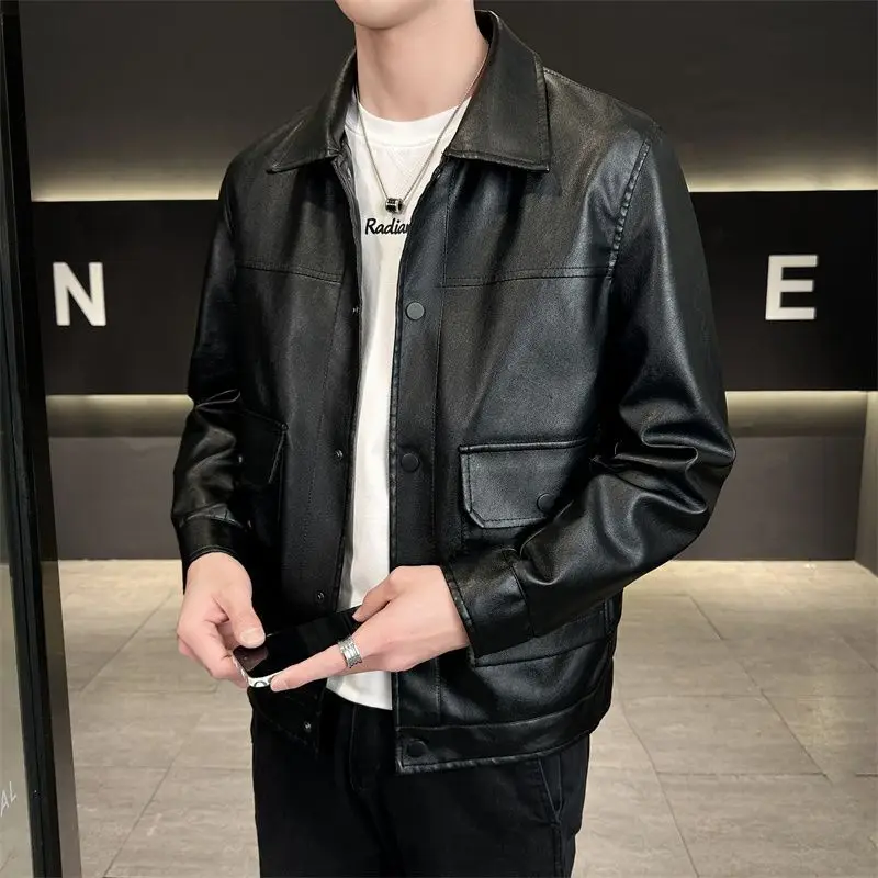 

Affordable Men's Leather Collared Jacket Versatile Motorcycle Style Spring Autumn Coat for Men Slim Fit Breathable