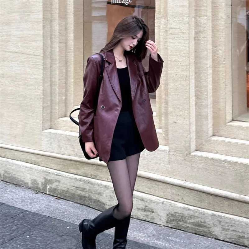 Red Suit, Leather Jacket, Women's Spring and Autumn American Retro Fashion, High-end Feeling, Loose PU Leather Jacket, Fashion 5