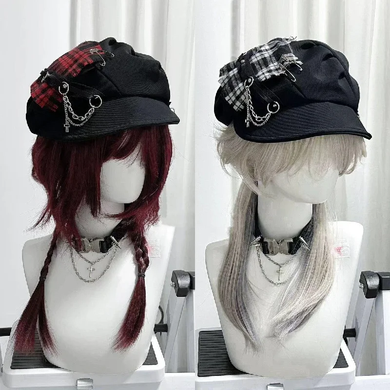 Gothic Punk Plaid Patchwork Newsboy Cap Women Harajuku Metal Chain Cross Pin Beret Hat Japanese Subculture Octagonal Painter Cap