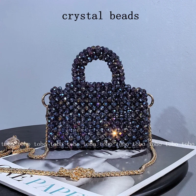 Original Designer Cute Shiny Evening Bags for Women Long Belt Fashion Women's Lunch Bag Retro Crystal Bead Woven Handbag Woman