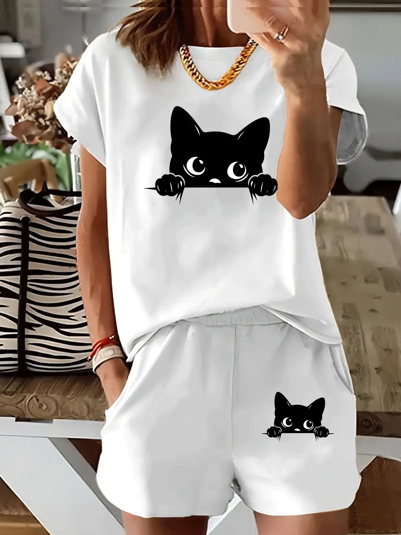 2026 Summer Best-selling Fashion Casual Sports Comfortable 3D Cat Pattern Printed Women's Short Sleeve Shorts Set