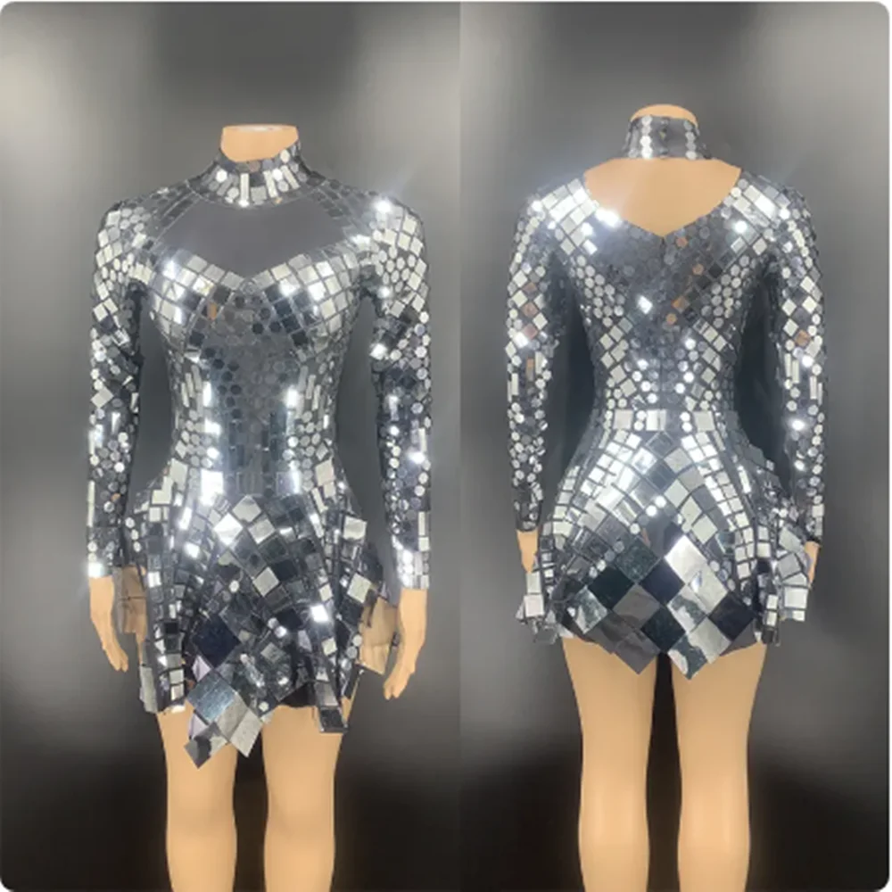 Silver Mirror Bodysuit Female Nightclub Singer Dancer Performance Stage Costume Party Rave Outfit Gogo Jazz Dancing Wear