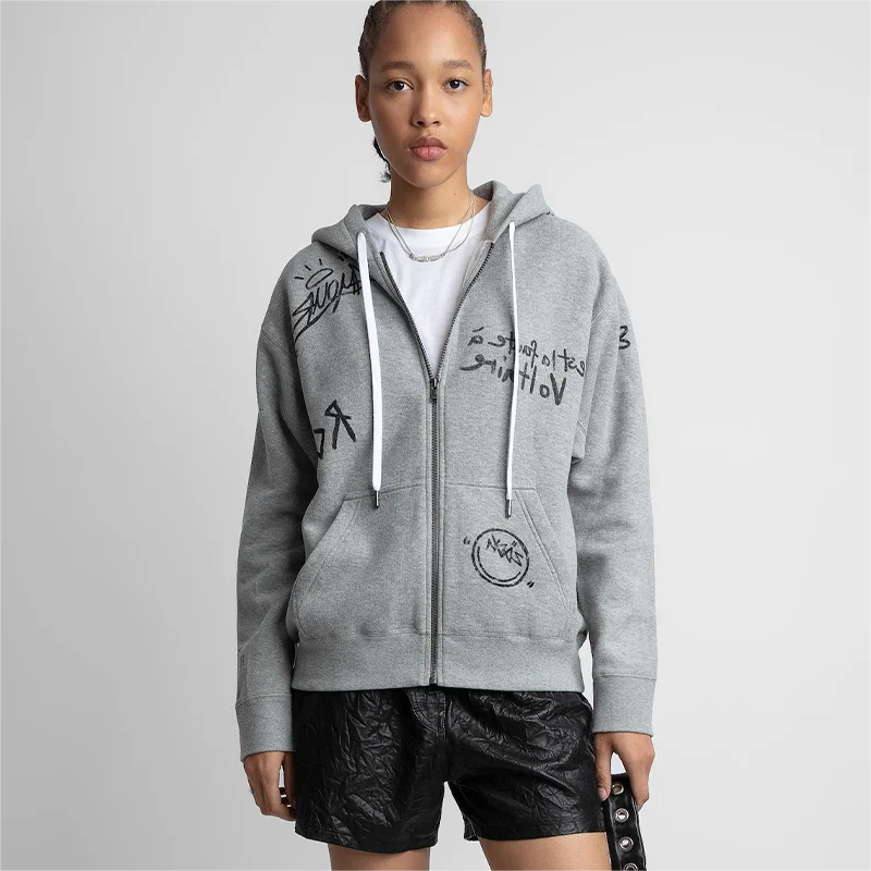 Zadig Women Hoodie Casual Grey Sweatshirt Jacket Tops Female Autumn Winter Chic Alphabetical Graffiti Jacket Cardigan Hoodies