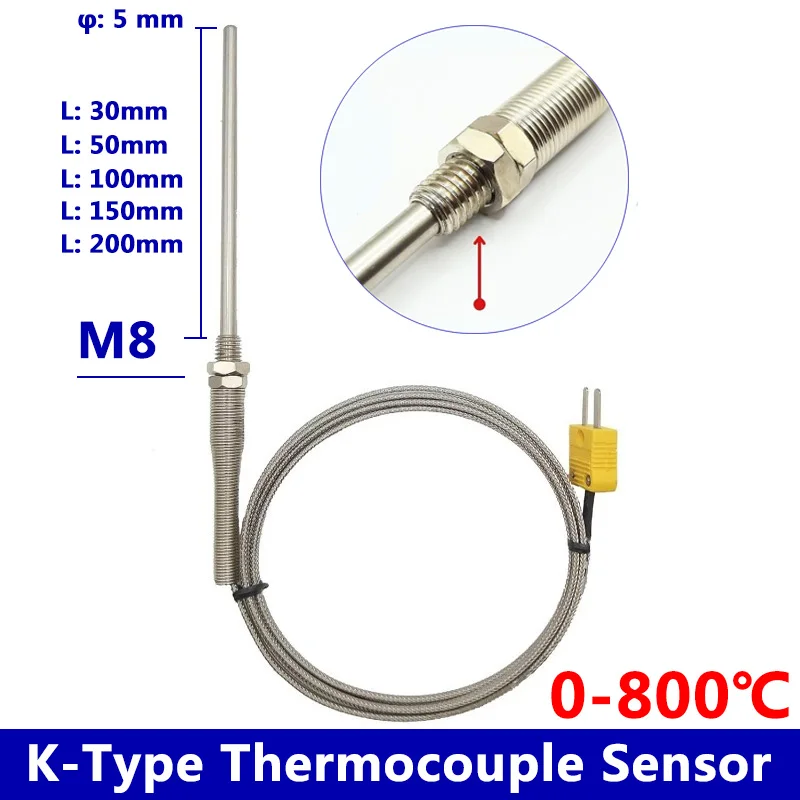 K Type Thermocouple Sensor Probe High Temperature Stainless Steel M8 Screw Connector Miniature Temperature Sensor 800C