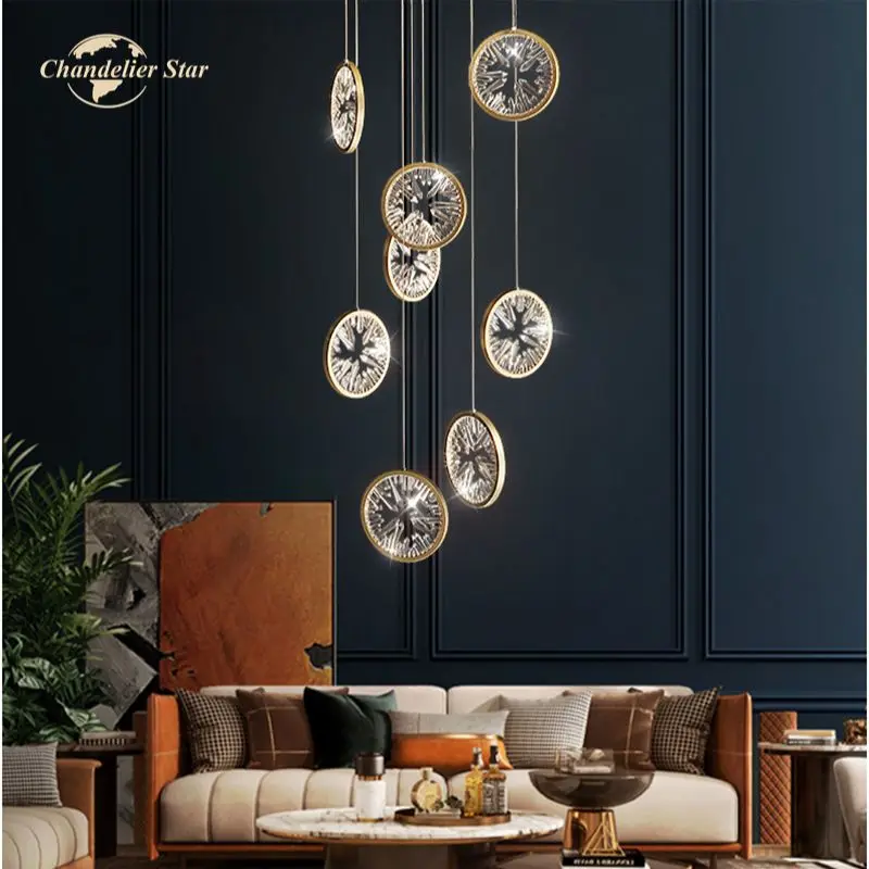 

Modern LED Chandeliers Luxury Ring Round Gold Crystal Metal Pendant Lights Fixture Living Room Staircase Bedroom Lamps Lustre