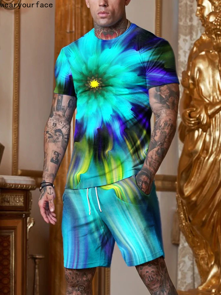 

Красочные цветочные настенные футболки с буквами, комплекты с шортами, спортивные костюмы, повседневная пляжная уличная одежда с 3D принтом, мужская одежда