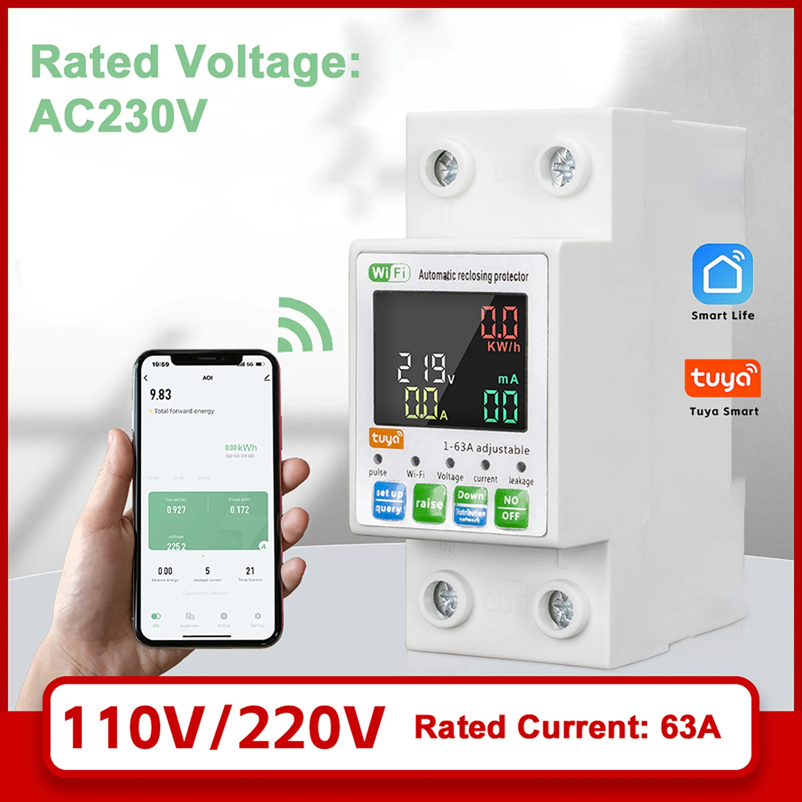63A WiFi Intelligent Circuit Breaker Backlit Single-Phase Energy Meter Auto-Reclosing Protector with LCD Display Support APP Rem