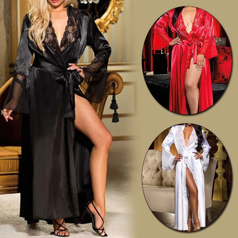 Women Sexy Lace V-Neck Bathrobe Nightdress With Belt Black White Red Long Sleeve Pajamas Robes Lingerie Sleepwear Nightgowns