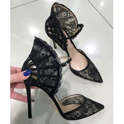 Black Air Mesh Lace Stiletto Pumps Pointed Toe Ankle Buckle British Style New Fashion Sexy Women Pumps 2024 Zapatos Para Mujere