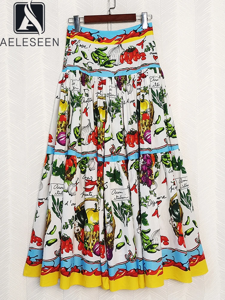 

AELESEEN Women 100% Cotton Skirt 2022 Runway Fashion Sicilian Colorful Vegetables Printed Elegant Long Party Holiday Poplin