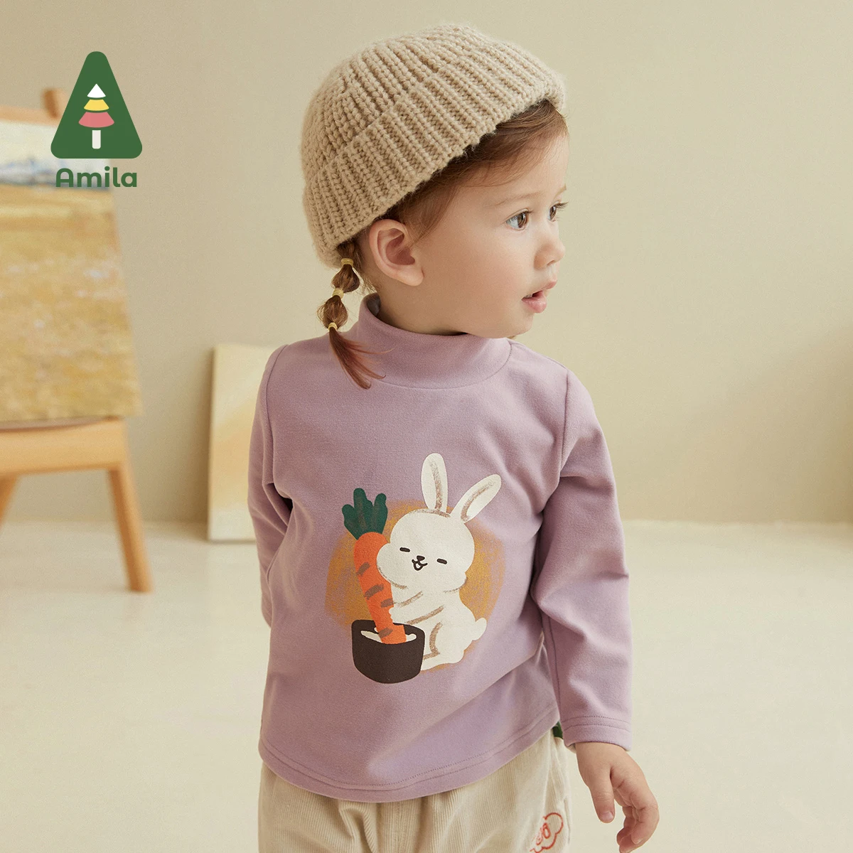 Amila Baby T-shirt 2022 Autumn New High-collar Long Sleeves for Boys and Girls Soft Moon Rabbit Children Clothes Cartoon