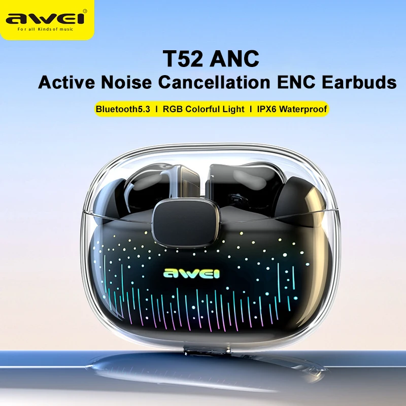 

Awei T52 ANC TWS Wireless Earbuds ENC Active Noise Cancellation Bluetooth 5.3 Earphones Colorful Breathing Light Headphones