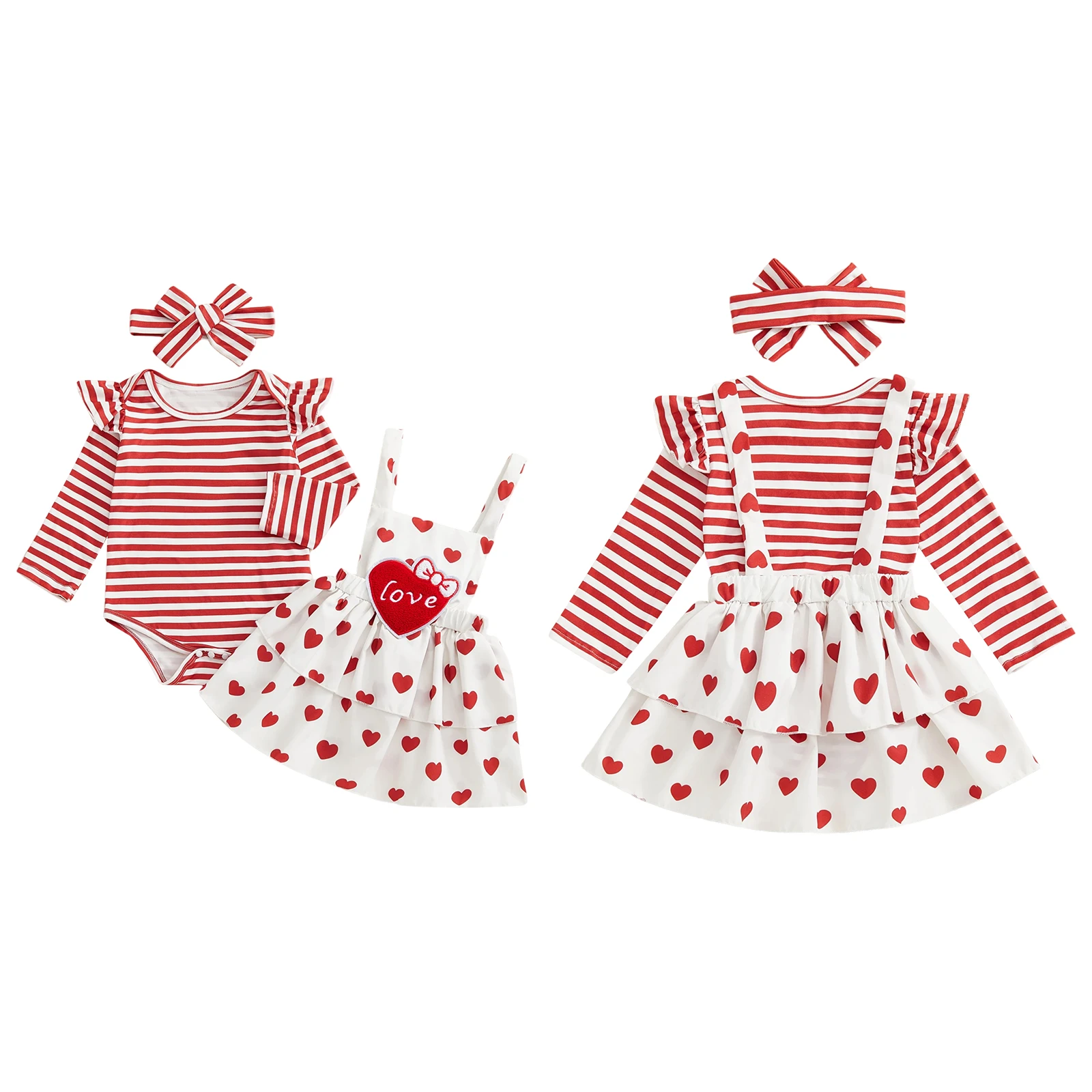 ملابس عيد الحب للفتيات الصغيرات بأكمام طويلة وطباعة مخططة + تنورة بحمالات + مجموعة عصابة رأس