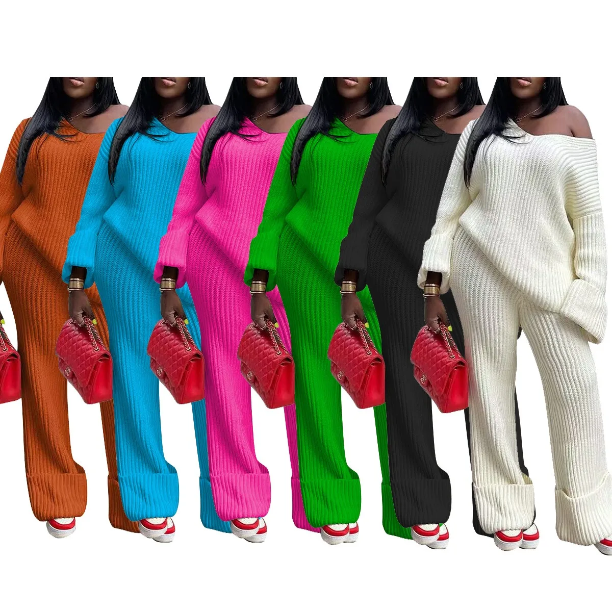 

Casual Loose Knitted Two Pieces Set Women V Neck Off Shoulder Long Sleeve Sweatshirts Top Wide Leg Pants Fashion Winter Suits