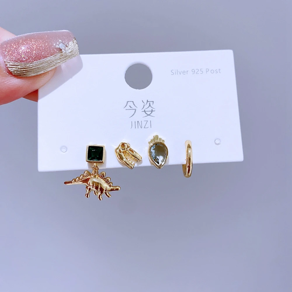 4pcs/set Mix and Match Cool Dino Animal Stud Earrings Gold Color Plated Crystal Women Earrings Jewelry